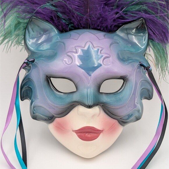 Vintage Clay Art Ceramic Wall Mask Teal Purple Feathers Cat Eye Masquerade 90s - Picture 5 of 12